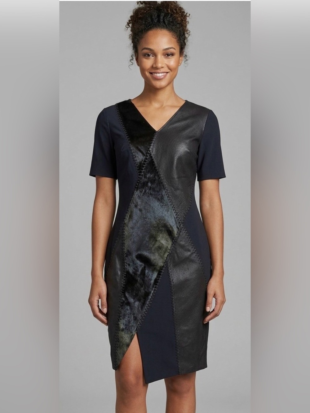 Elie Tahari Mariah Black Paneled Faux-Leather Midi Dress $998